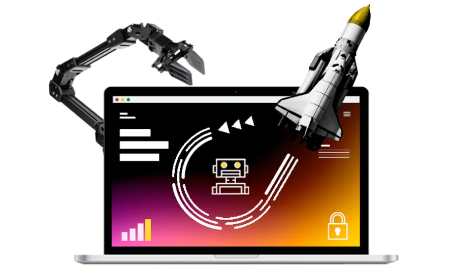 Rocket ship and robot arm around a laptop