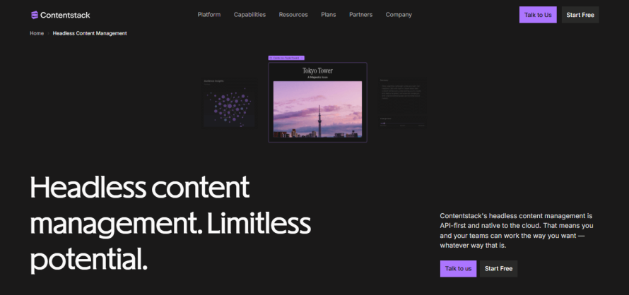 The homepage of Contentstack’s headless solution.