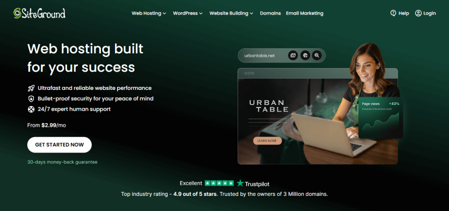 The homepage of web hosting on SiteGround.