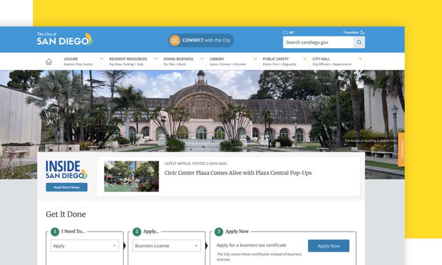 A screenshot of San Diego's homepage on yellow background